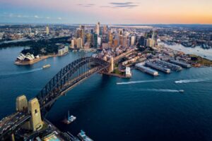 Sydney Harbour Bridge at sunset in Australia